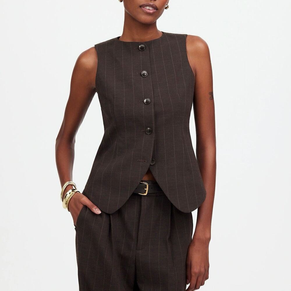 Madewell Single-Breasted Scoopneck Wool Blend Vest Chocolate Pinstripe Size 0